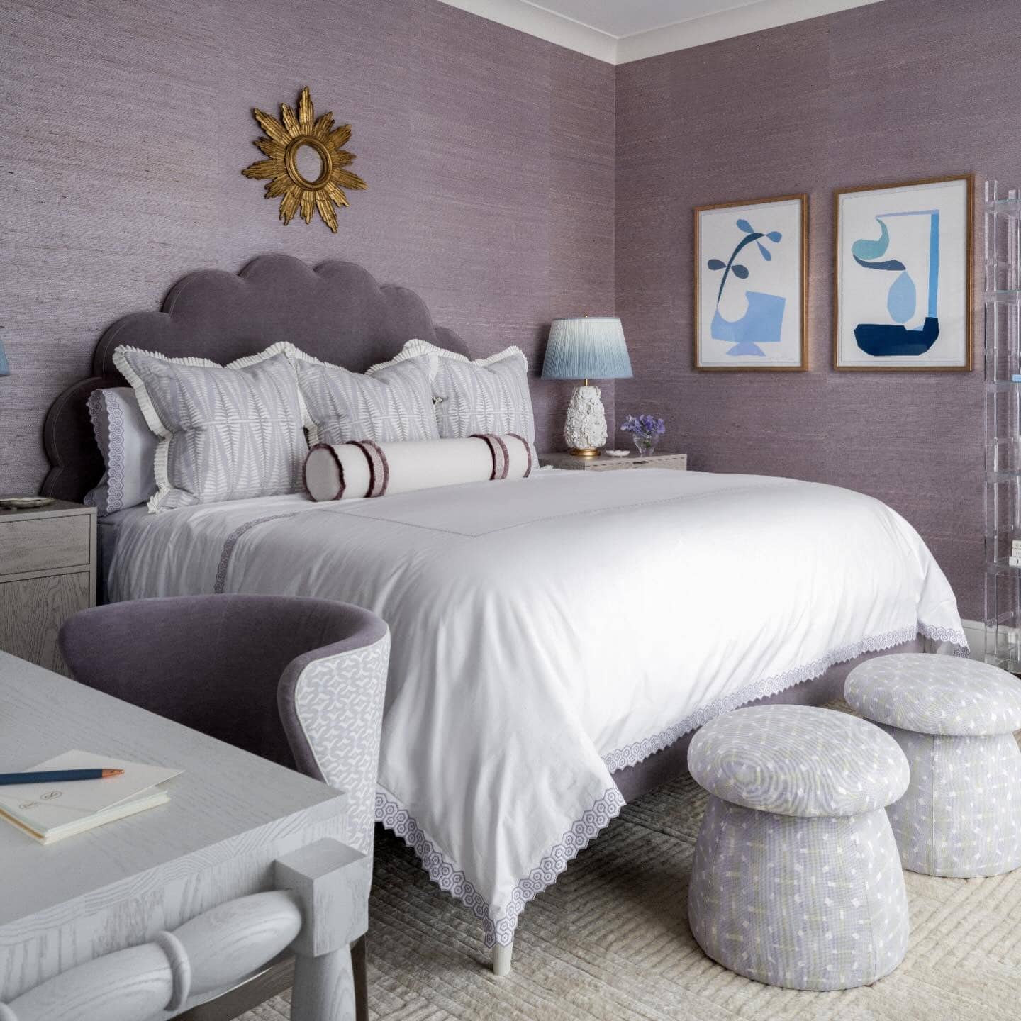 21. Elegant Mauve and Gray Bedroom With Sculpted Details - purple and gray bedroom ideas