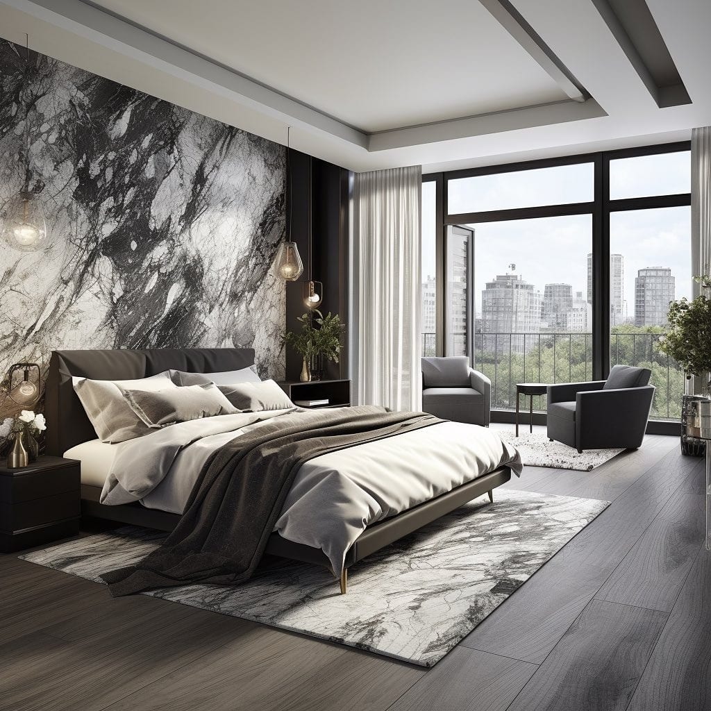 1. Dramatic Black, White and Grey Marble Bedroom Design - white, grey and black bedroom ideas