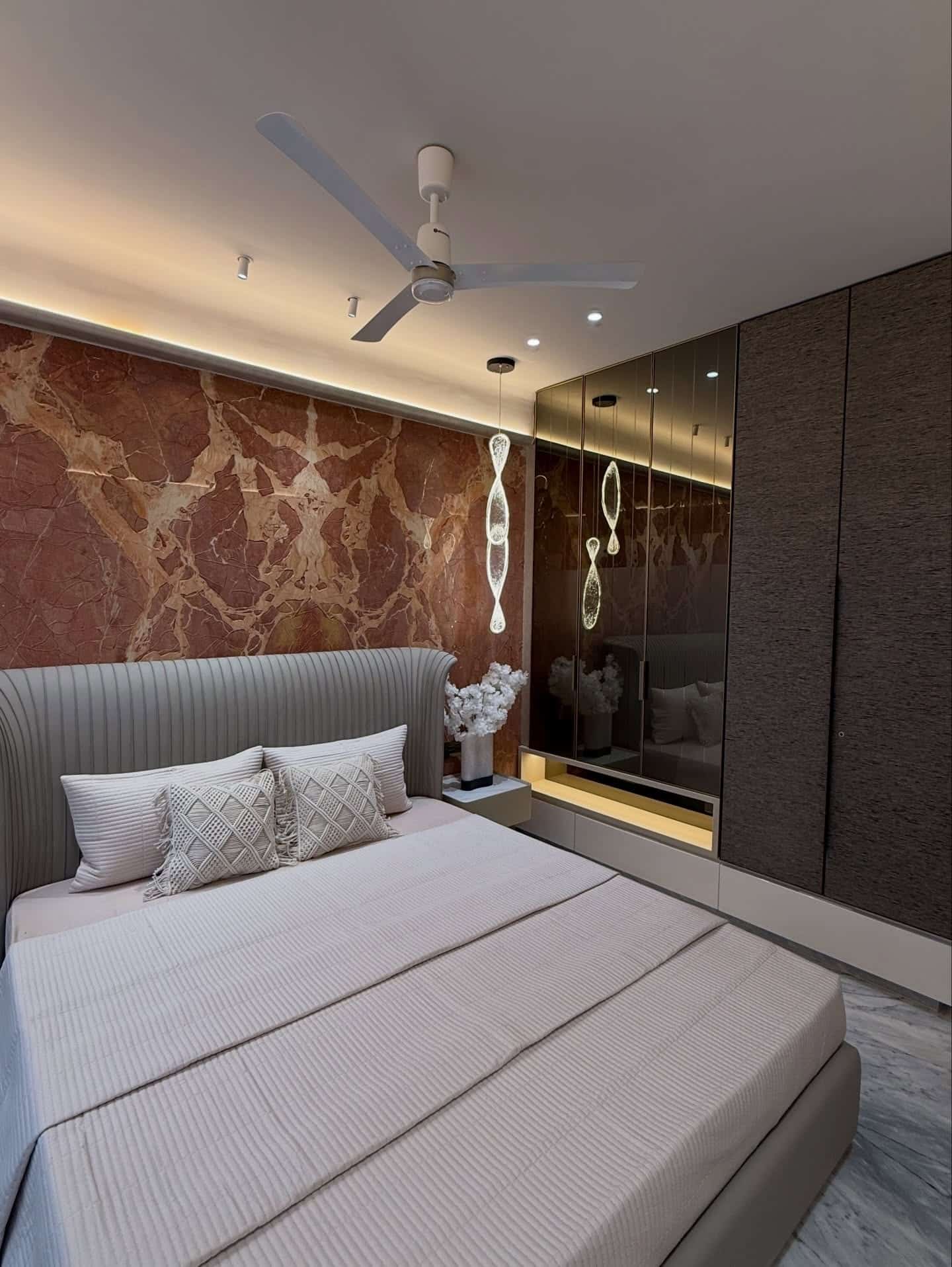 2. Warm Grey and Black Bedroom with Luxe Marble Accents - white, grey and black bedroom ideas