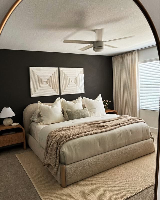 4. Modern Black Accent Wall Bedroom with Cream and Grey Layers - white, grey and black bedroom ideas