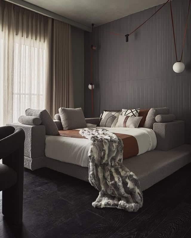5. Moody Grey and Black Bedroom with Low Platform Bed - white, grey and black bedroom ideas