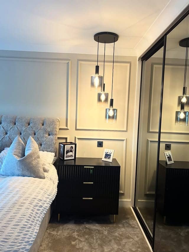 6. Elegant White and Black Bedroom with Classic Wall Molding - white, grey and black bedroom ideas