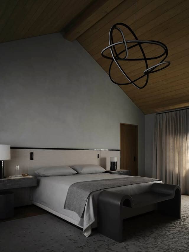 7. Minimalist Black and Grey Bedroom with Sculptural Lighting - white, grey and black bedroom ideas