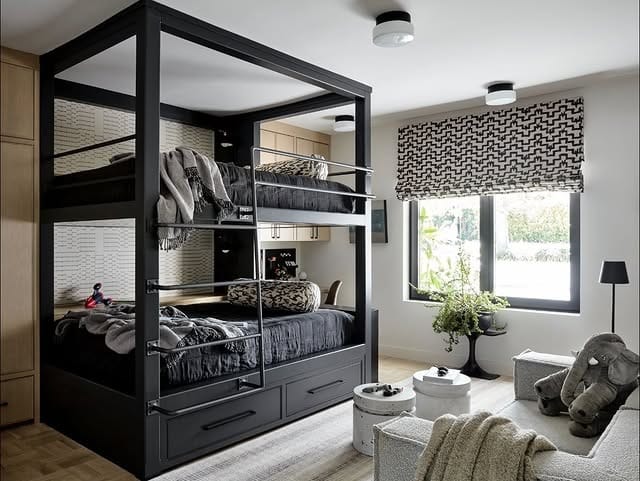 8. Black and Grey Kids Bedroom with Modern Bunk Bed Design - white, grey and black bedroom ideas
