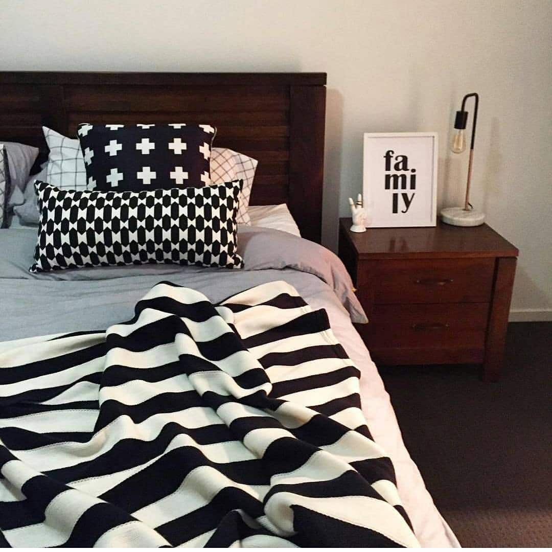 9. Black and White Bedroom with Graphic Textile Styling - white, grey and black bedroom ideas