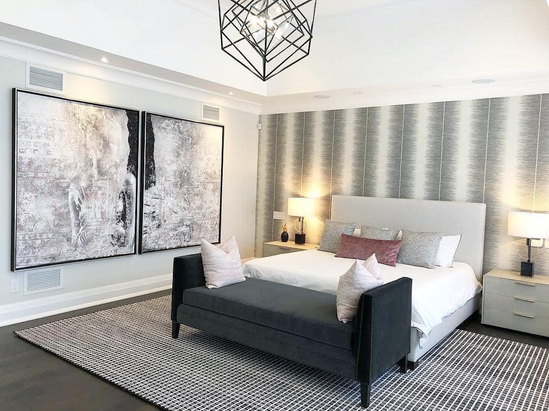 12. Elegant White, Grey and Black Bedroom with Gallery Wall Styling - white, grey and black bedroom ideas