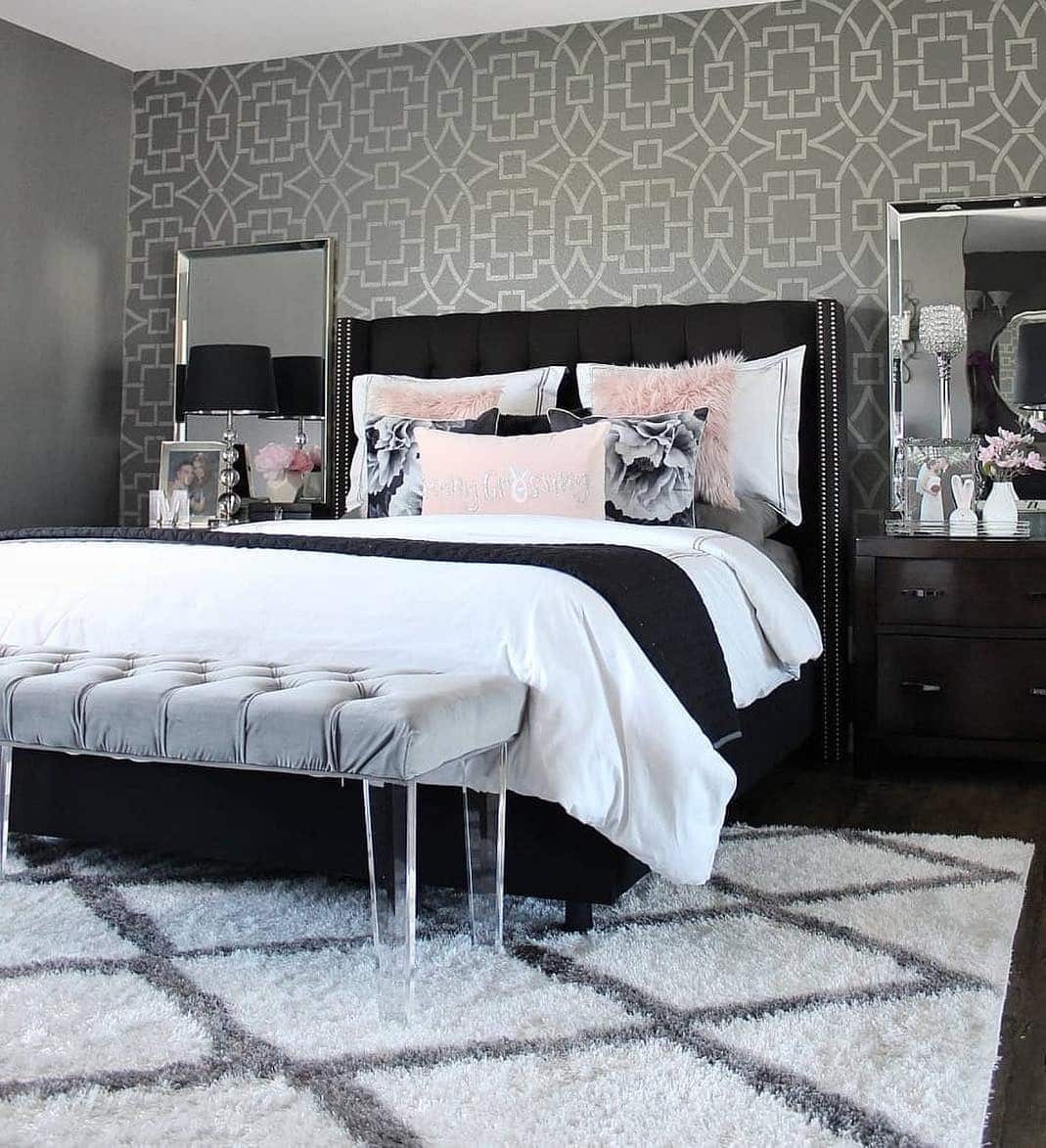 13. Glam Grey and Black Bedroom with Patterned Wallpaper - white, grey and black bedroom ideas