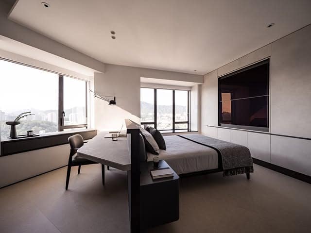 14. Minimalist Grey and Black Bedroom with City View Aesthetic - white, grey and black bedroom ideas