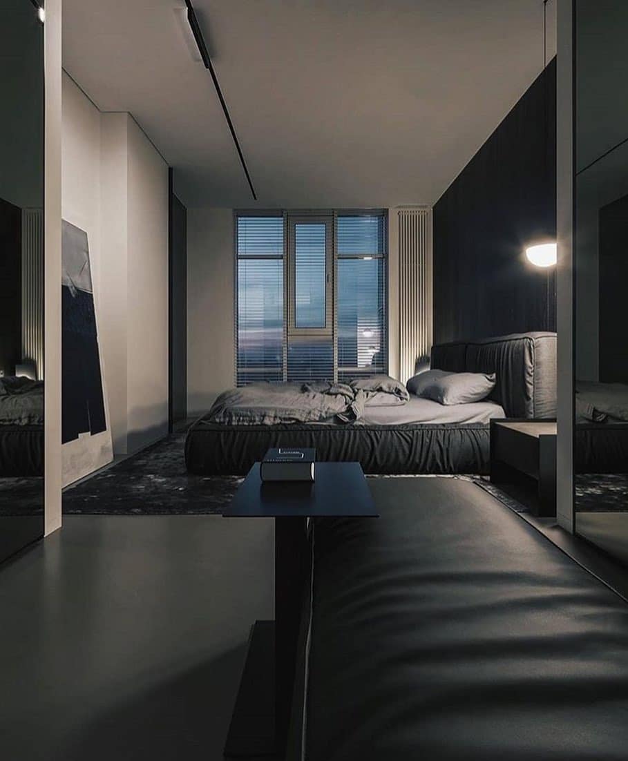 15. Moody Black and Grey Bedroom with Contemporary Lighting - white, grey and black bedroom ideas