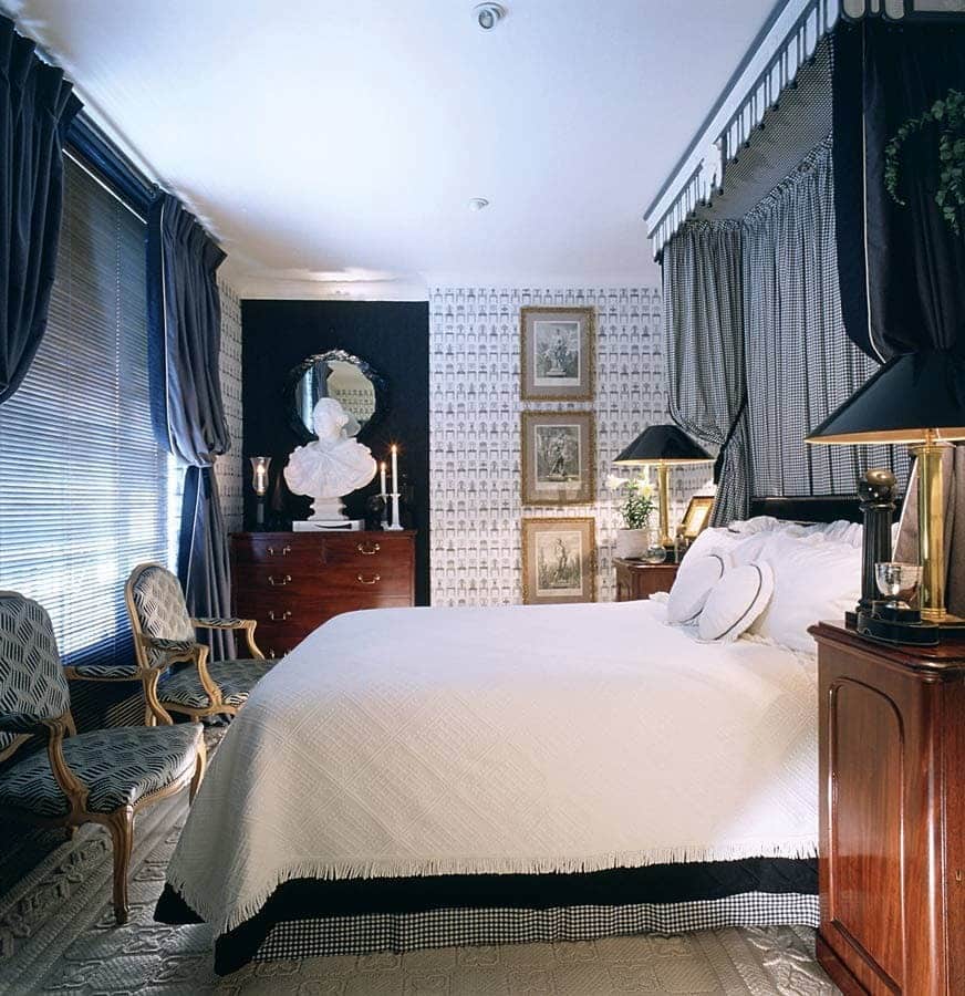 16. Traditional Black and White Bedroom with Classic Drapery - white, grey and black bedroom ideas
