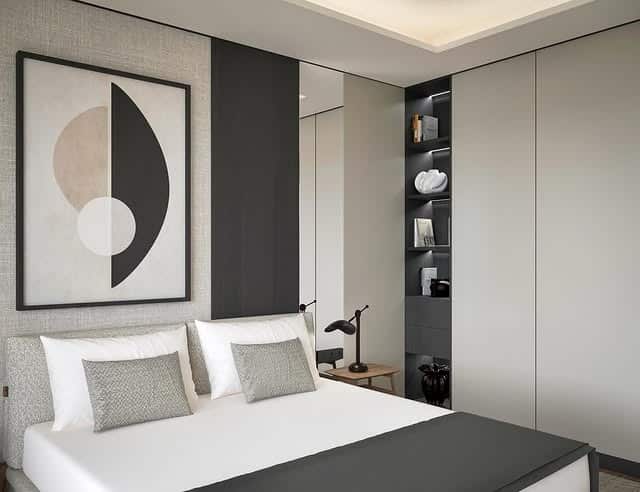 19. Modern Grey and Black Bedroom with Graphic Wall Art - white, grey and black bedroom ideas