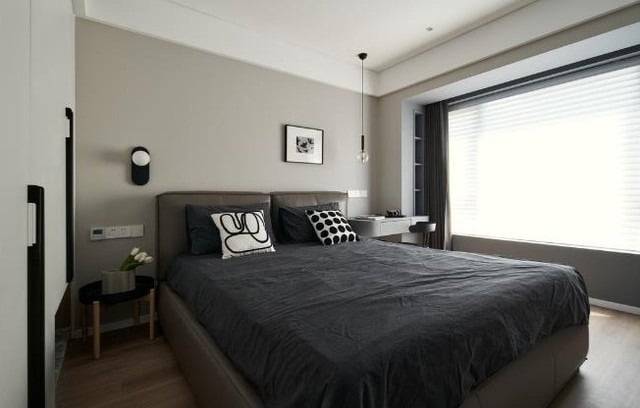 22. Minimalist Grey and Black Bedroom with Soft Modern Finishes - white, grey and black bedroom ideas