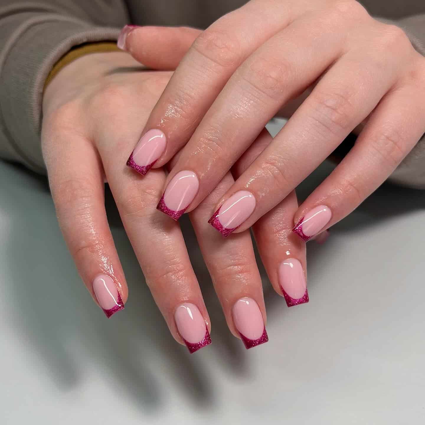 1. Pink Glitter French Tip Square Nails - french nail ideas