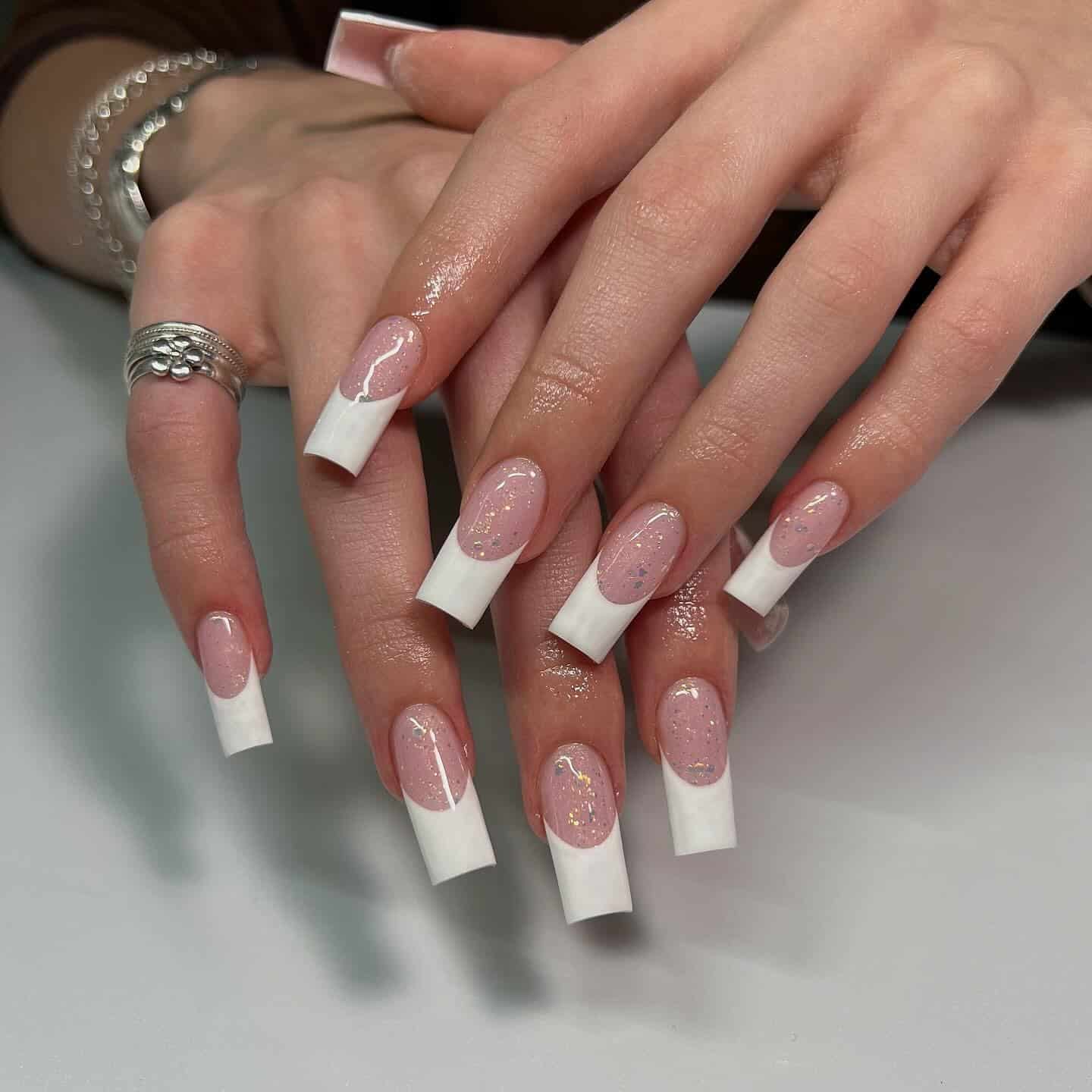 6. Glitter Pink and White French Coffin Nails - french nail ideas