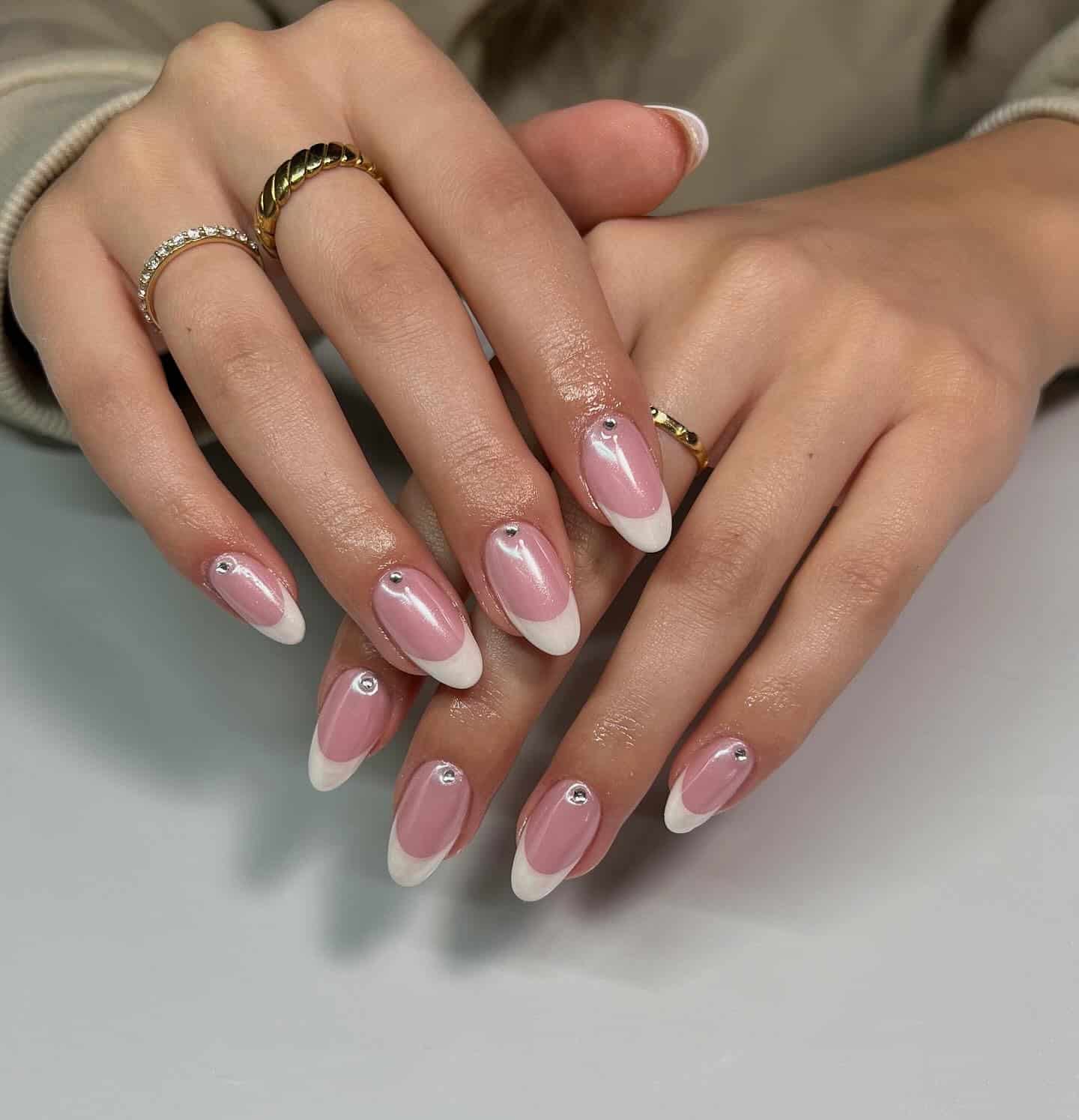 14. Pearl Pink French Almond Nails with Rhinestones - french nail ideas