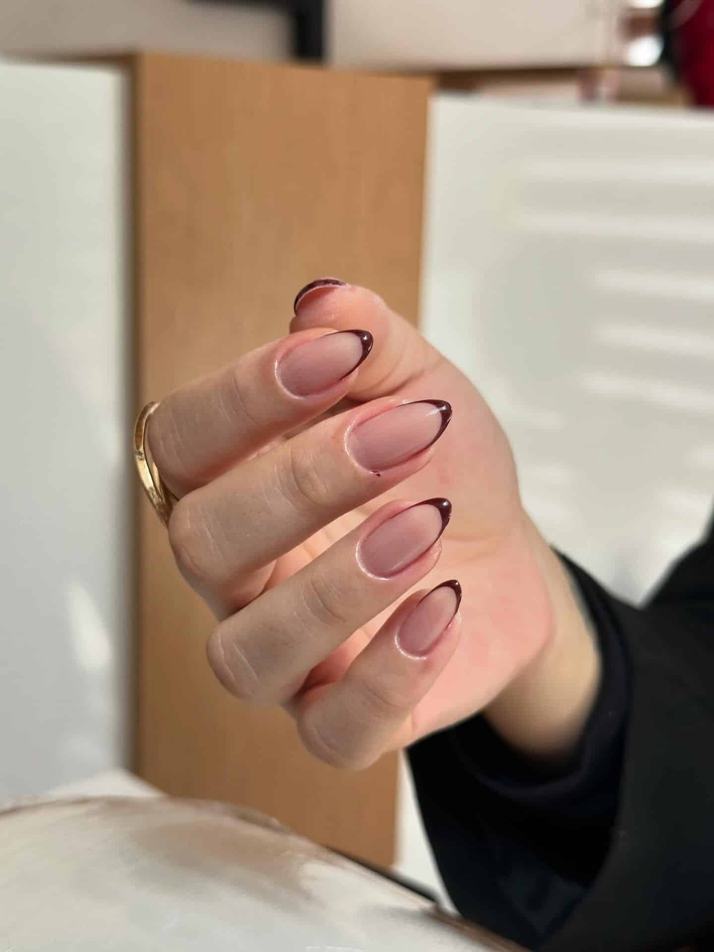 15. Chocolate Brown Micro French Almond Nails - french nail ideas