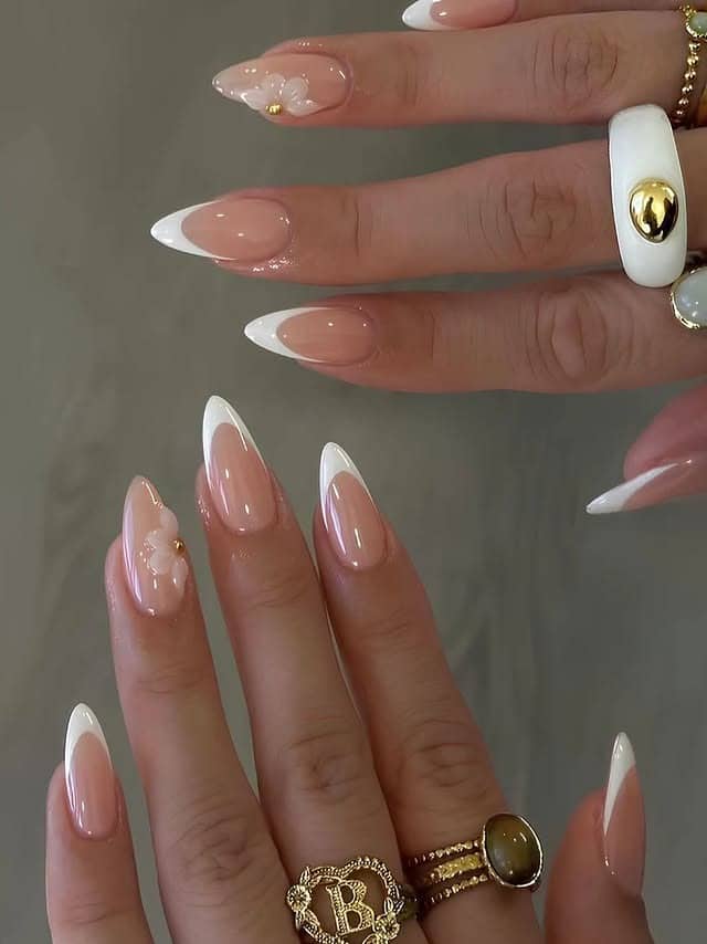 21. Floral White French Stiletto Nails - french nail ideas