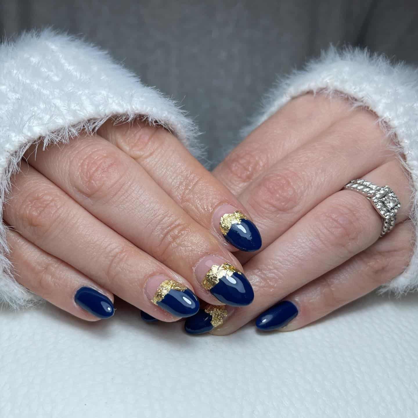 6. Navy and Gold Foil Cuticle Nails - navy and gold nail ideas