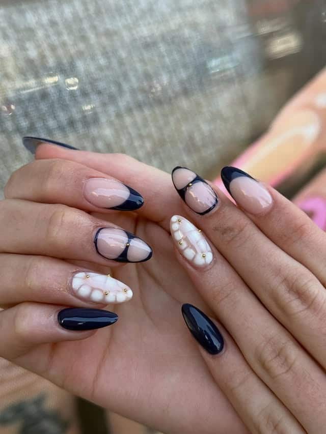 17. Navy Blue Abstract French Nails - navy and gold nail ideas