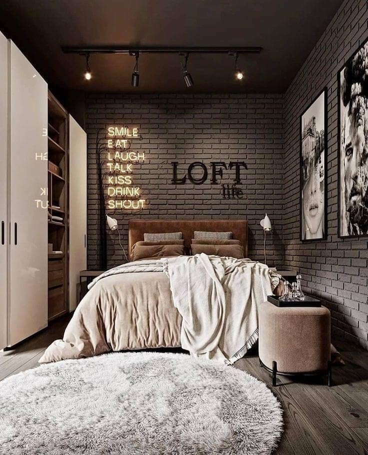 3. Modern Brick Industrial Bedroom with Warm Neutrals - industrial bedroom ideas