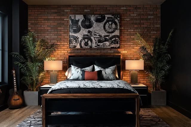 4. Urban Industrial Bedroom with Brick Accent Wall - industrial bedroom ideas
