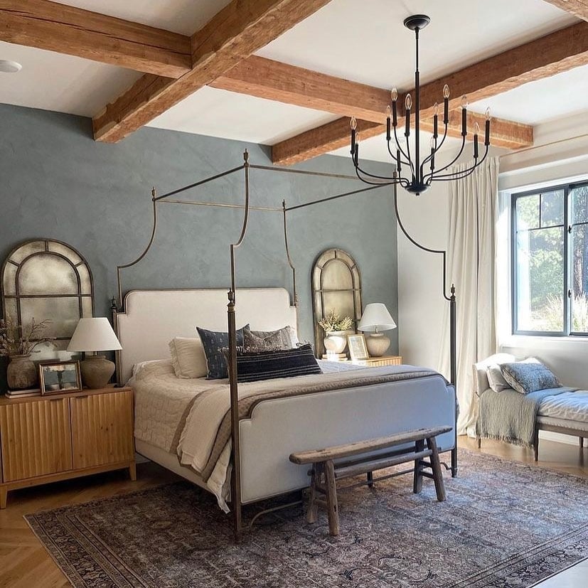 9. Elegant Industrial Farmhouse Bedroom in Warm Gray - industrial bedroom ideas