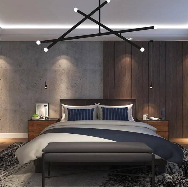 11. Modern Industrial Bedroom in Charcoal and Walnut - industrial bedroom ideas