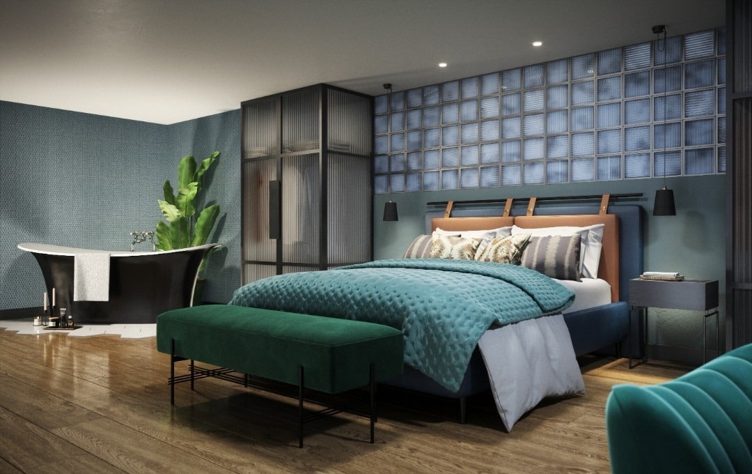 12. Teal Industrial Bedroom with Glass Block Accent Wall - industrial bedroom ideas