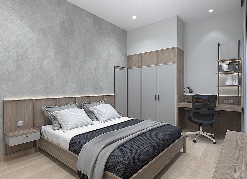 19. Soft Gray Industrial Bedroom with Scandinavian Influence - industrial bedroom ideas