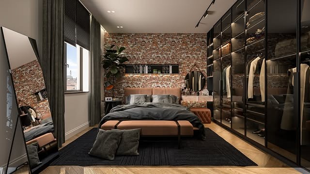 20. Contemporary Industrial Bedroom with Brick and Black Glass - industrial bedroom ideas