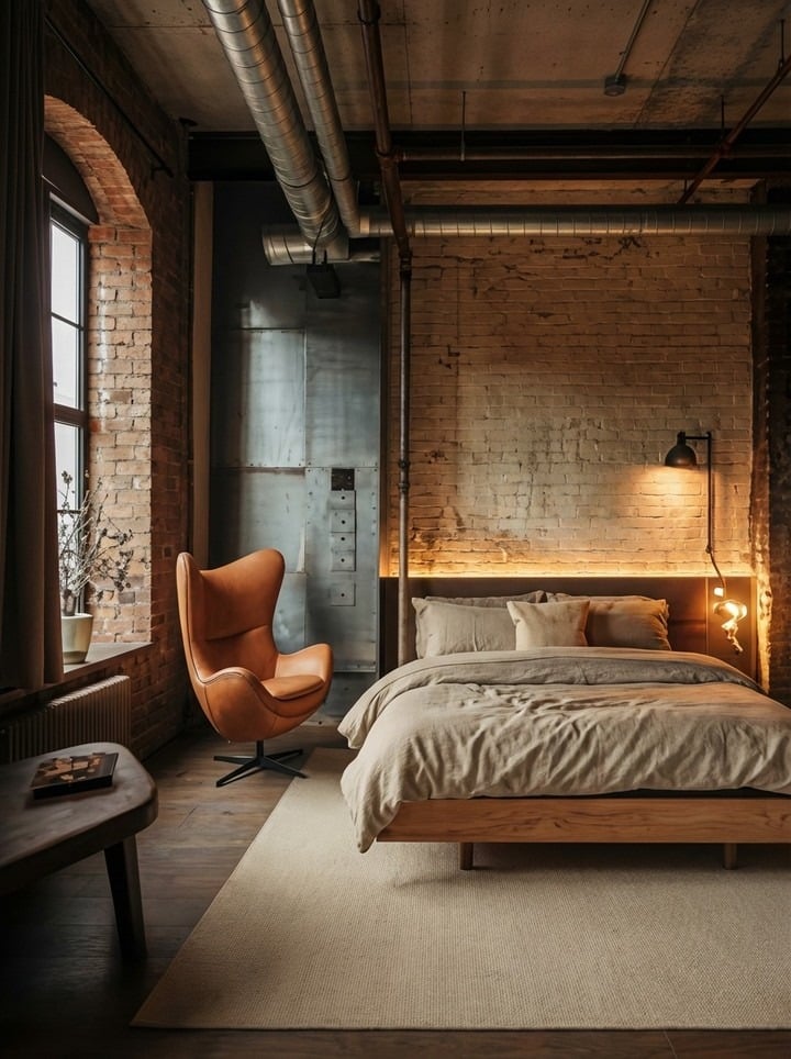 21. Warm Brick Industrial Bedroom in Caramel and Taupe - industrial bedroom ideas
