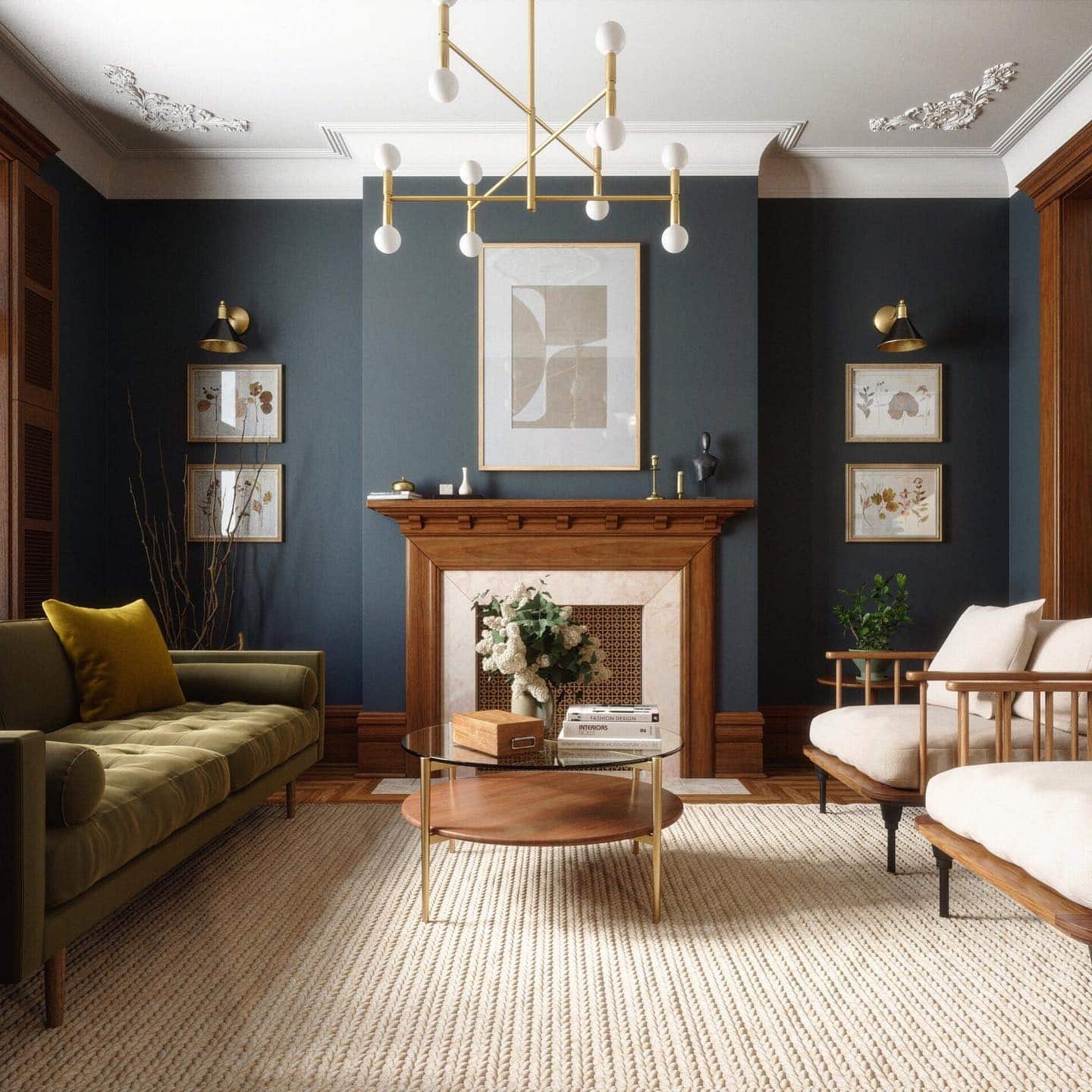 2. Deep Navy Traditional Living Room with Brass Accents - moody living room ideas