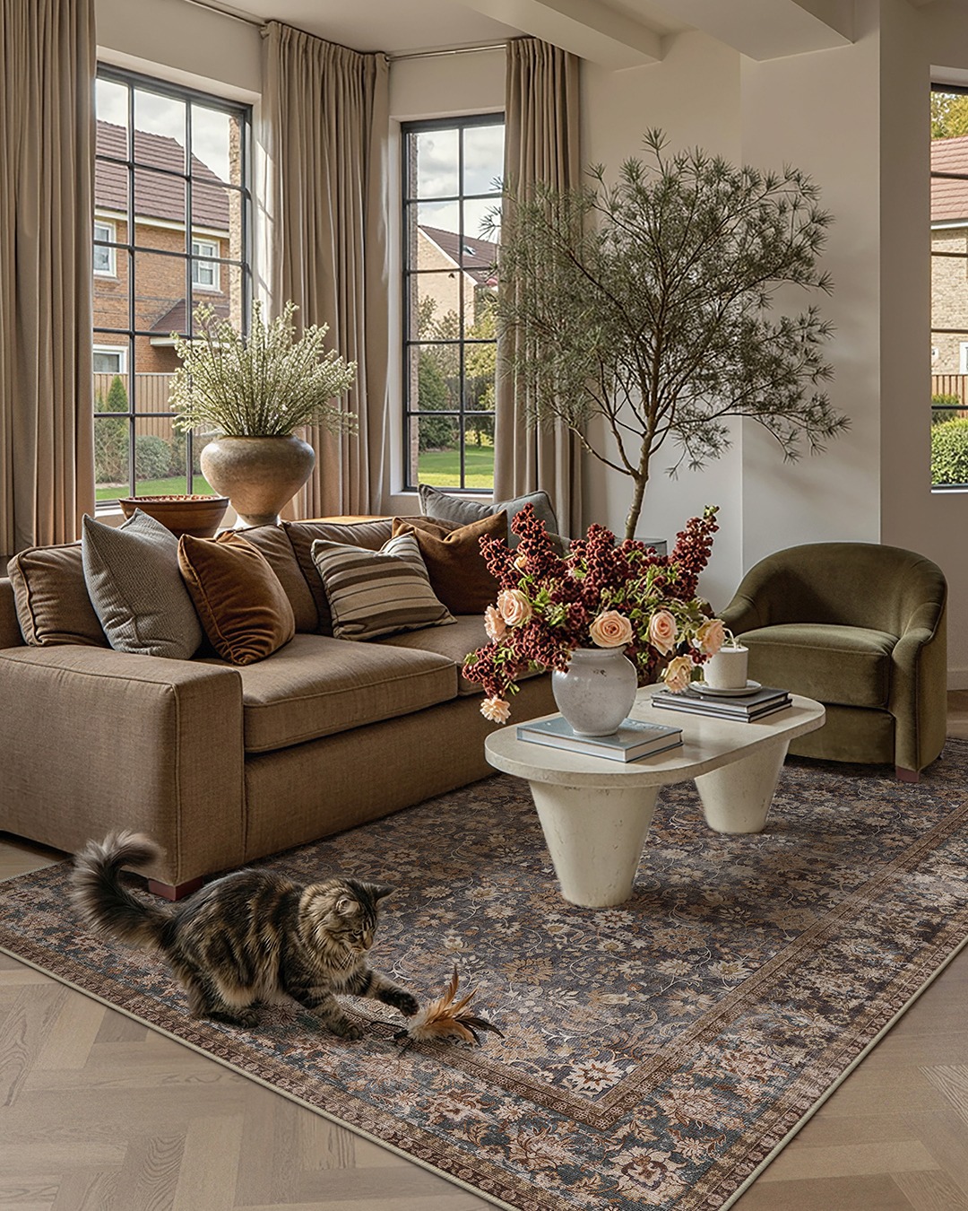 3. Earth-Tone Moody Living Room with Vintage Rug - moody living room ideas