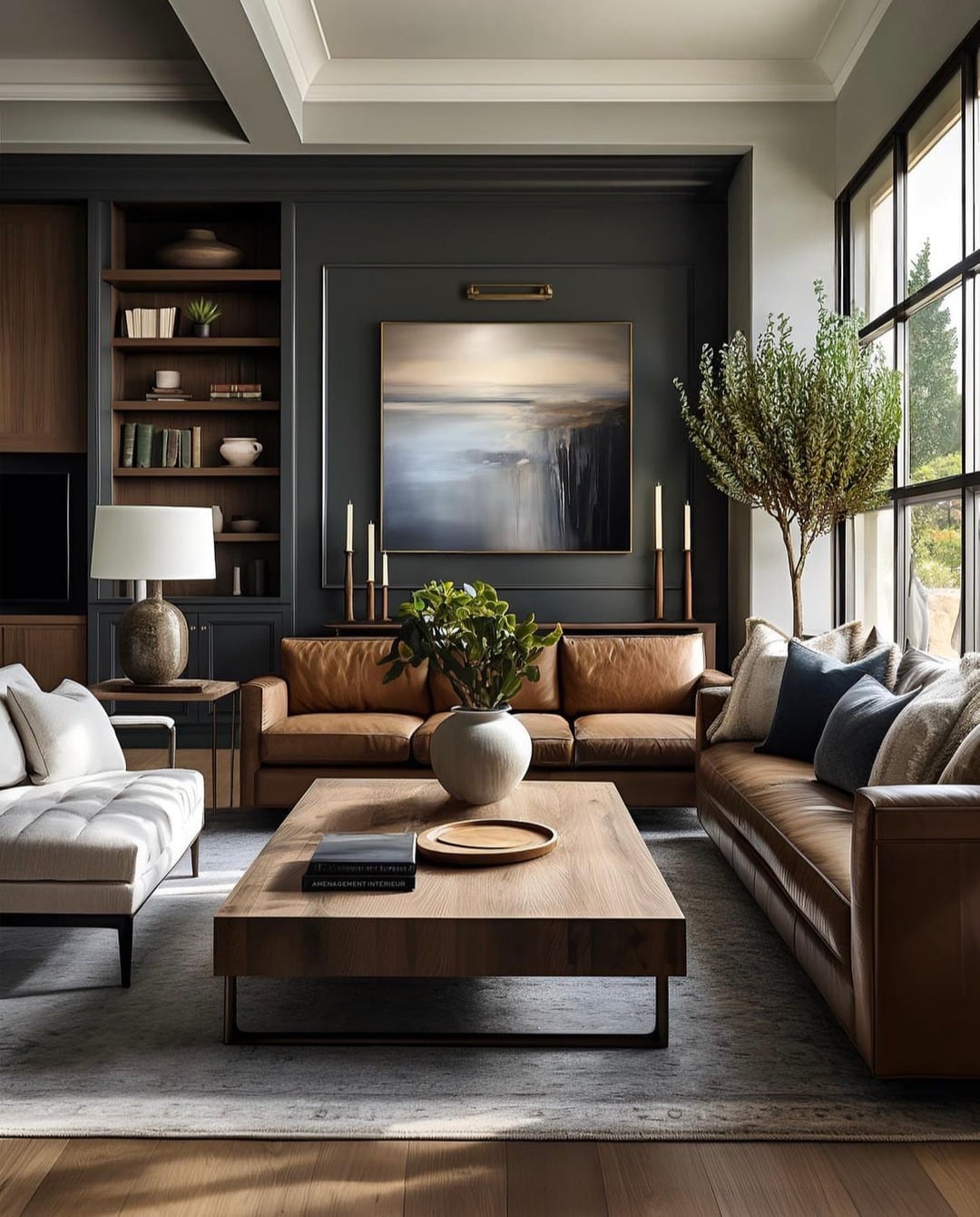 14. Black and Cognac Modern Moody Living Room - moody living room ideas