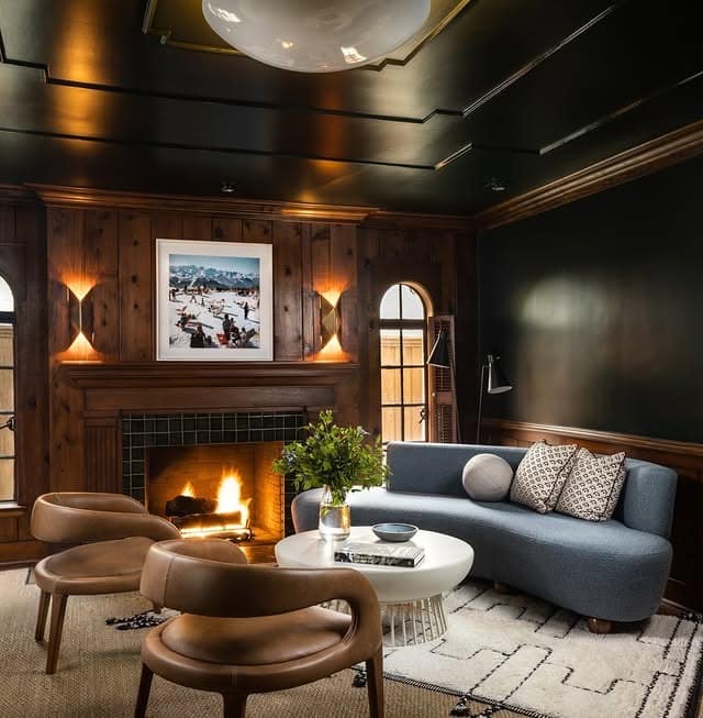 15. Dark Wood Moody Living Room with Cozy Lounge Style - moody living room ideas