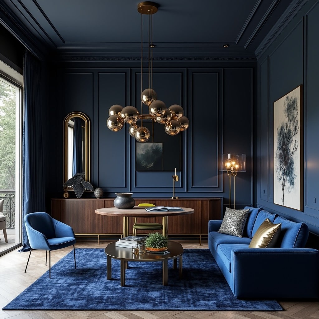 17. Navy Blue Moody Living Room with Brass Lighting - moody living room ideas