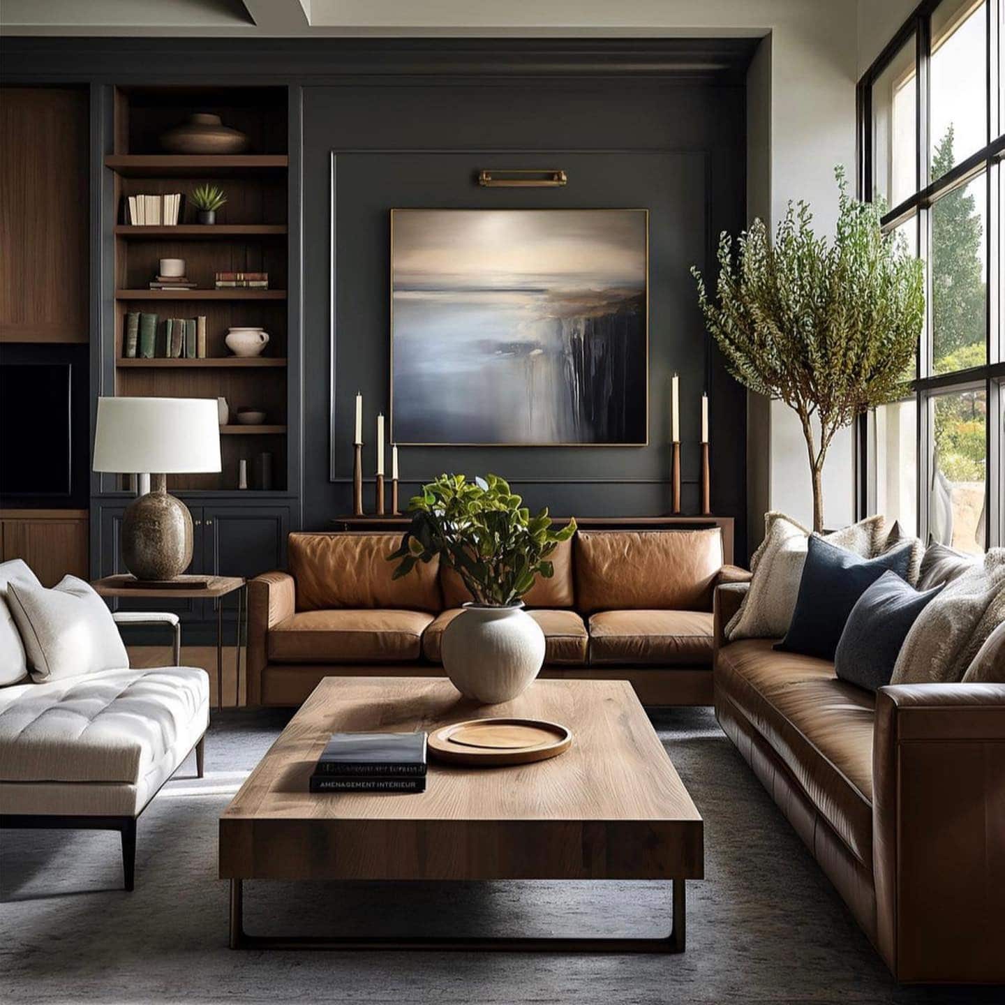 18. Charcoal and Leather Moody Living Room - moody living room ideas