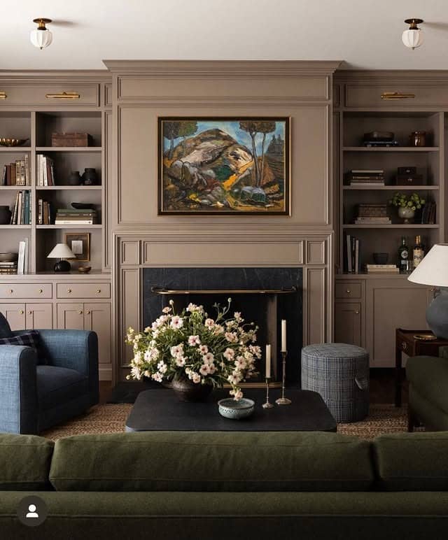 19. Taupe Built-In Moody Living Room with Classic Styling - moody living room ideas