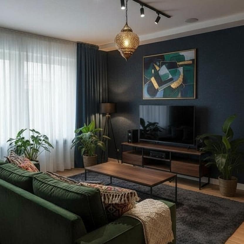 22. Navy and Emerald Moody Living Room with Modern Boho Style - moody living room ideas
