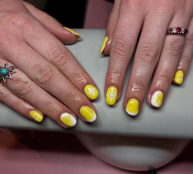 4. Lemon Yellow Minimal Floral Nails - yellow and white nail ideas