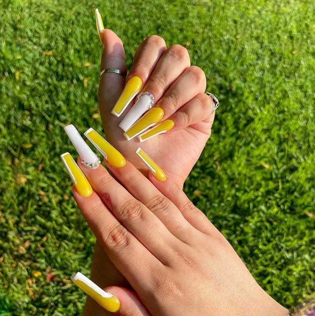 6. Yellow and White Extra Long Coffin Nails - yellow and white nail ideas