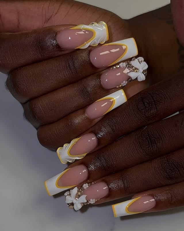 22. Yellow and White 3D Floral Coffin Nails - yellow and white nail ideas