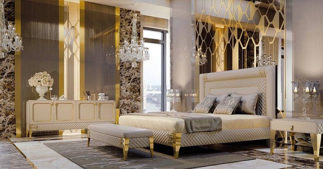 5. Cream and Gold Modern Glam Bedroom - white and gold bedroom ideas