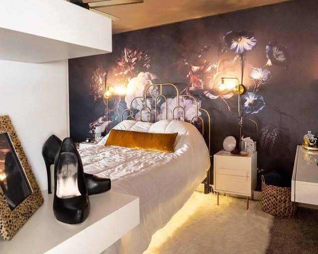 7. Moody Floral White and Gold Bedroom - white and gold bedroom ideas