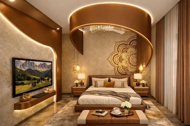 8. Warm Beige and Gold Statement Bedroom - white and gold bedroom ideas