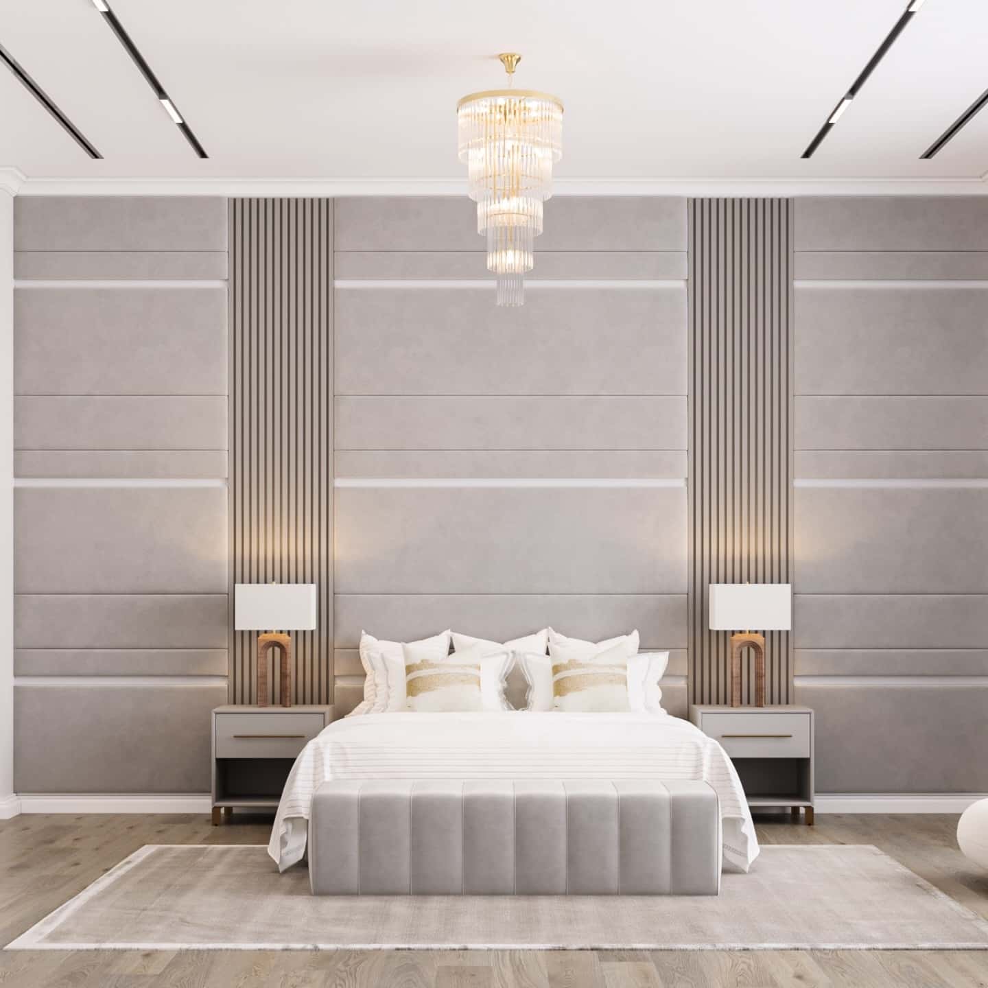 9. Modern White and Gold Panel Wall Bedroom - white and gold bedroom ideas