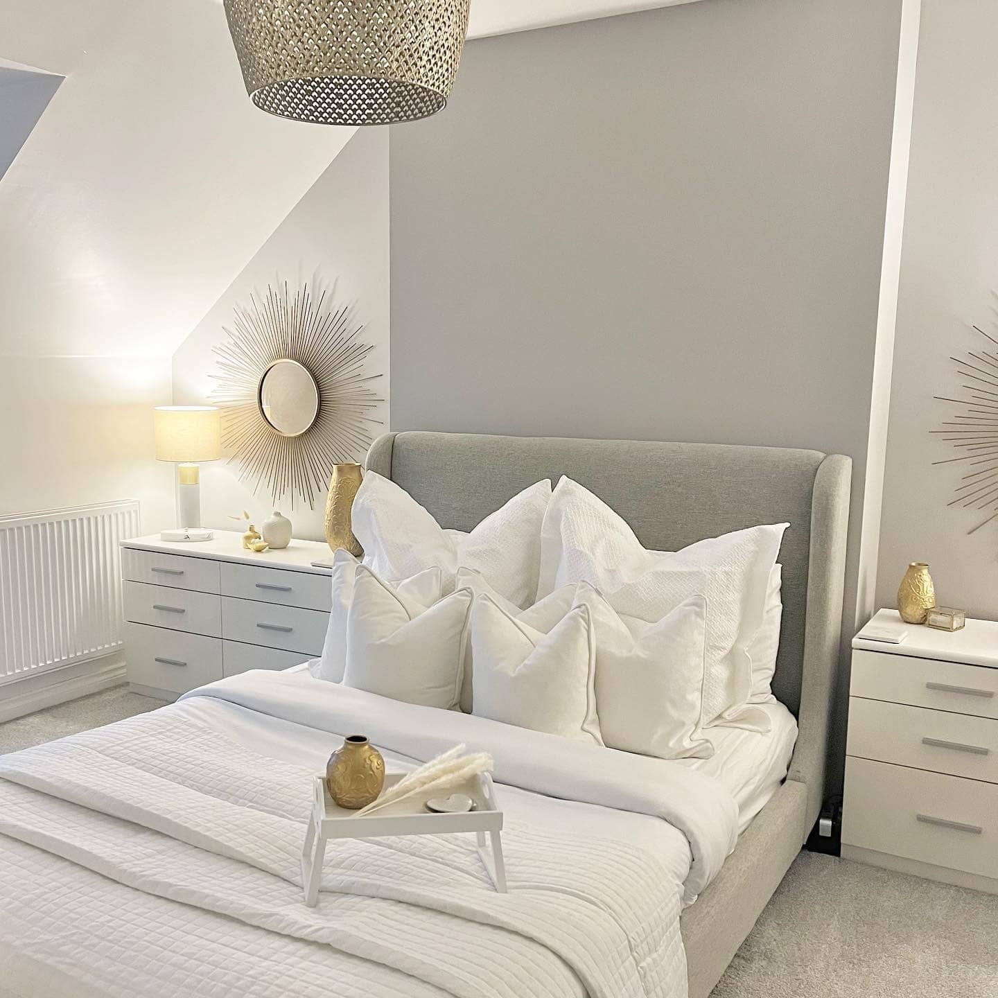 10. Light Gray, White, and Gold Cozy Bedroom - white and gold bedroom ideas
