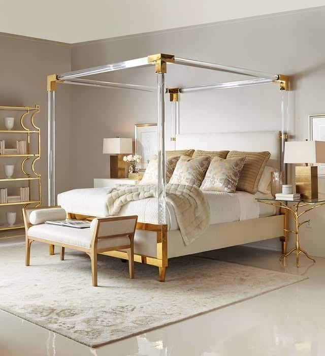 11. White and Gold Acrylic Canopy Bedroom - white and gold bedroom ideas
