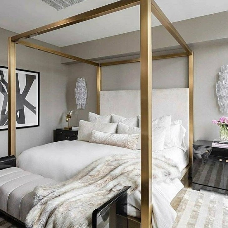 18. Taupe, White, and Gold Contemporary Canopy Bedroom - white and gold bedroom ideas