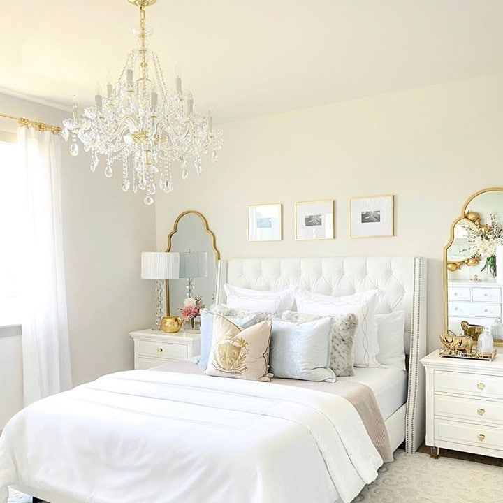 21. Soft White and Gold Glam Bedroom - white and gold bedroom ideas